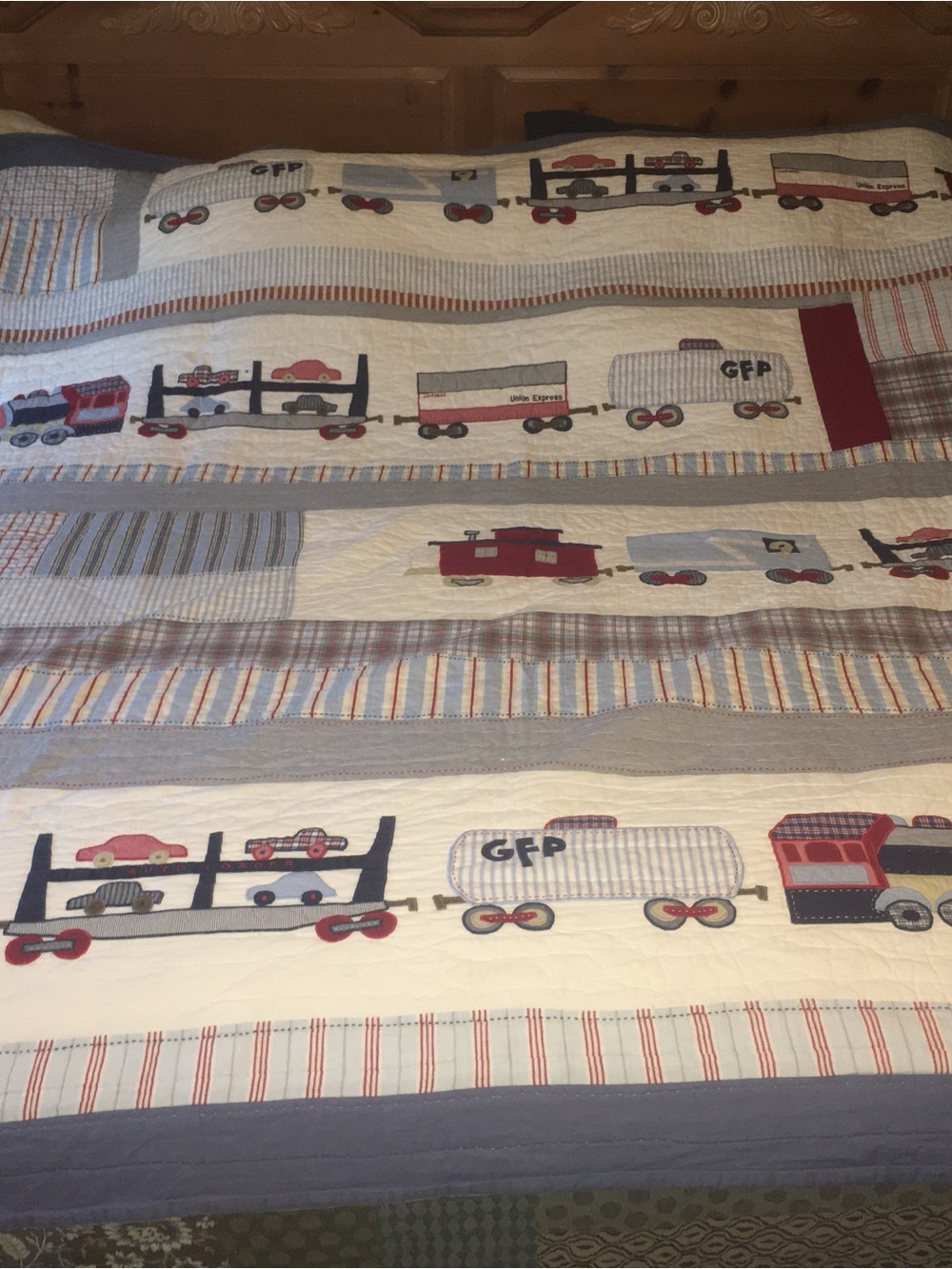 Pottery Barn Kids Train Quilt in Red, Blue, Gray-GLP